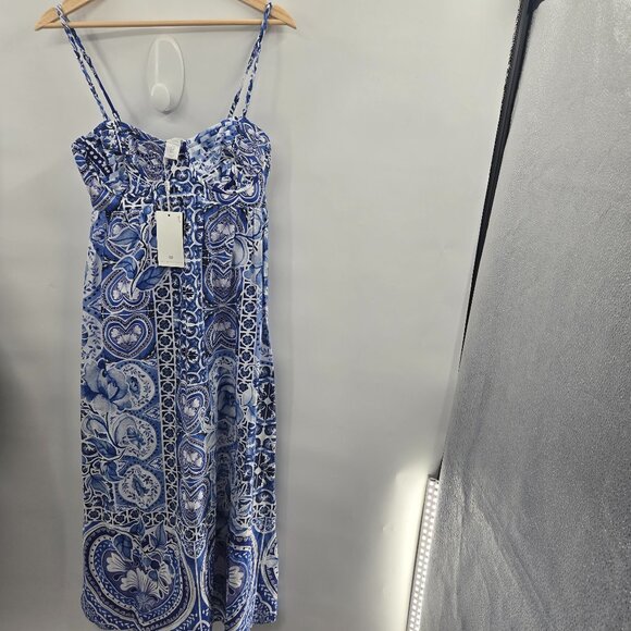 Caroline Costas Blue White Empire Waist 100% Cotton Maxi Dress Size Small - Picture 2 of 16